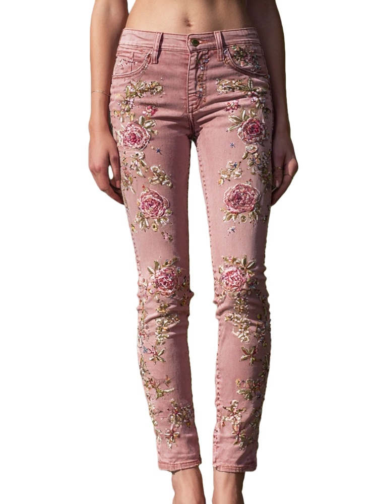Retro Floral Print Jeans High Waist Slim Imitation Jeans Elegant Casual Trousers